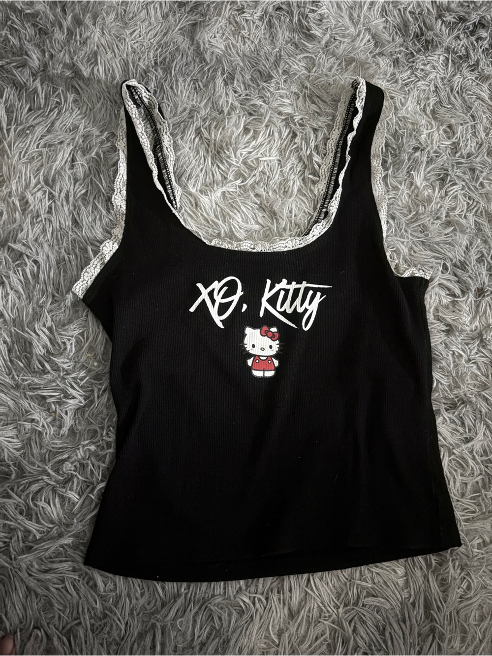 Hello Kitty Black Tank Top with White Lace Trim and Red Accent